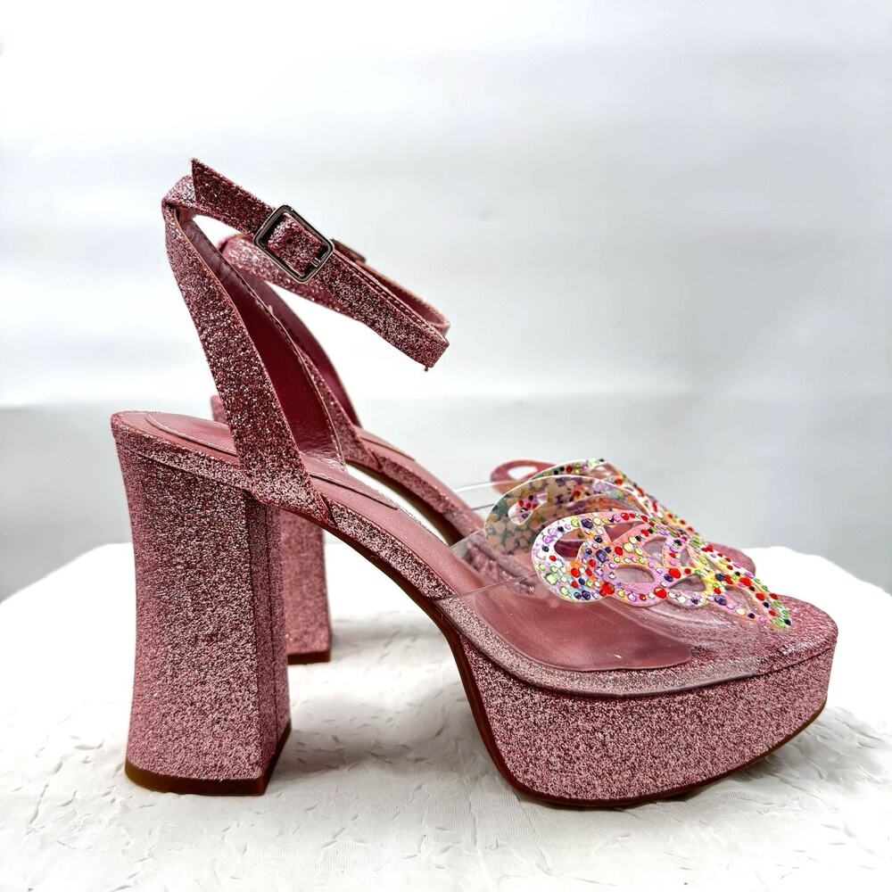 Copper Key Pink Glitter Butterfly Platform Sandals Size 7.5 MSRP $129 Y2K Barbie